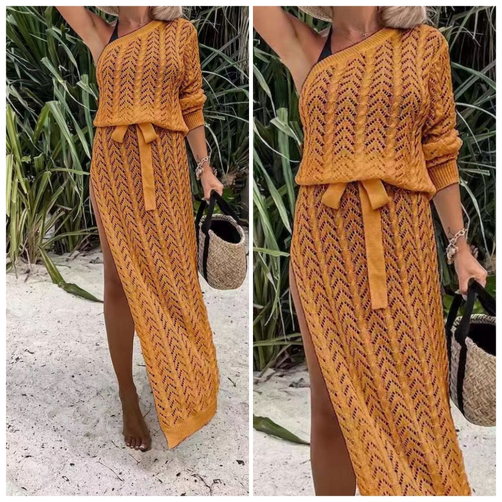 (Out of  Stock) Blue Slit Openwork Single Shoulder Knit Dress - Picture 6 of 10
